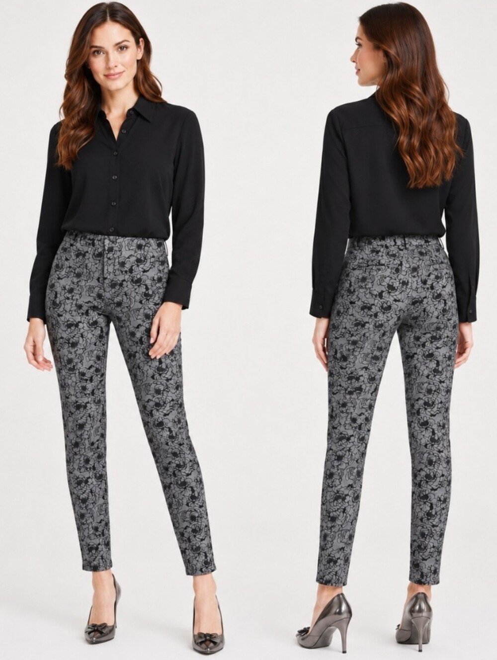 Banana Republic Ryan Fit Floral Slim Straight Pants Gray Black 6S